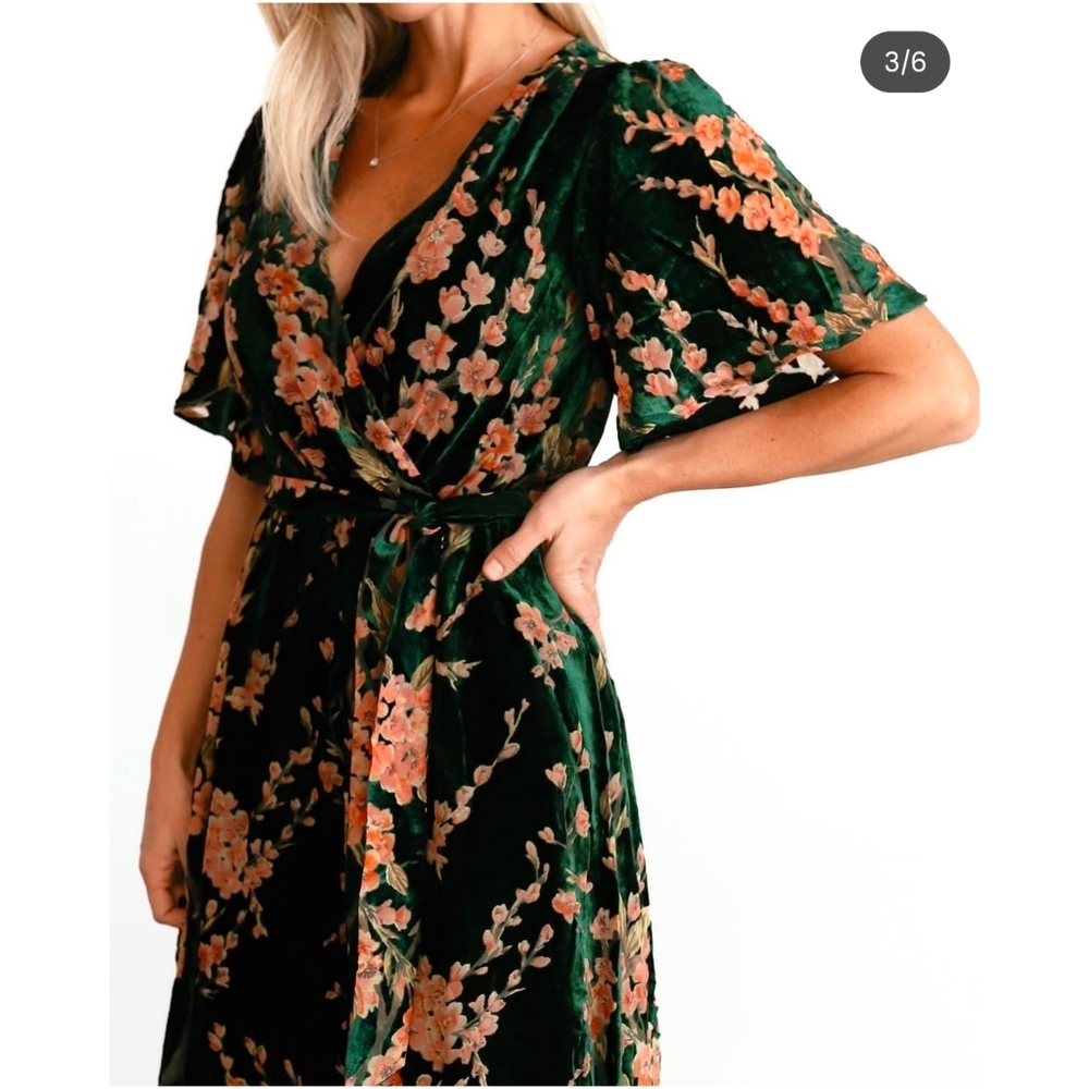 BALTIC BORN Uma Green Velvet Floral Maxi Dress sz L Women's - Picture 7 of 12